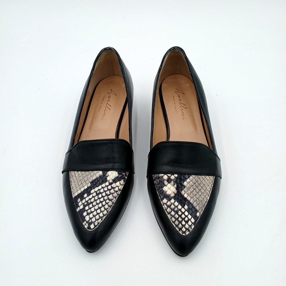 Avellini Womens Shoes Size 37 Black Leather Pointed Toe Snake Loafers Made Italy